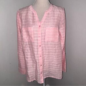 Kim Rogers blush pink windowpane linen blend roll tab long sleeve top sz Medium